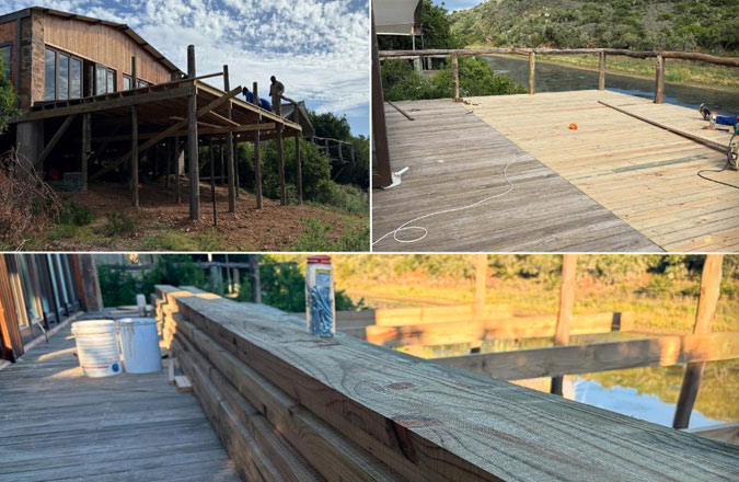 Deck extension construction and carpentry work at the hunting safari lodge